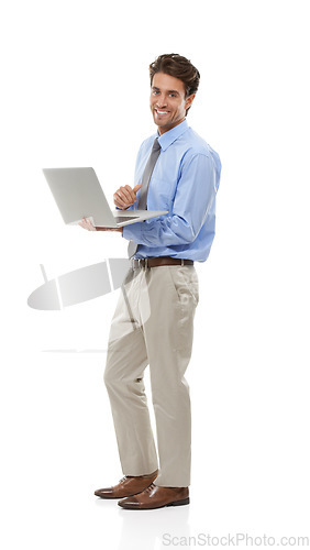 Image of Business man with laptop, IT consultant and software upgrade in studio with technology and code on white background. Network, app development or tech support with connection, internet and programming