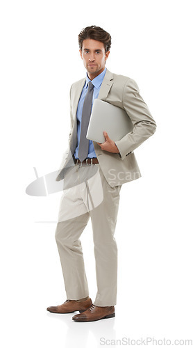 Image of Man with laptop, IT consultant and portrait, software upgrade in studio with technology on white background. Network, app development or tech support business with connection, web and cyber security