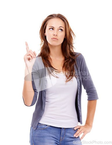 Image of Pointing, confused and young woman in a studio with mockup for marketing, promotion or advertising. Guess, mock up and female person from Canada with show hand gesture isolated by white background.