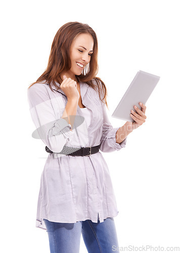 Image of Woman, smile and scroll on tablet in studio to search internet, update social media post and download ebook on white background. Happy model, digital technology and website blog about online shopping