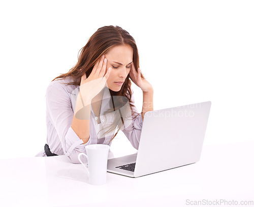 Image of Woman in studio with headache, laptop glitch and burnout, technology fail on white background. Stress, frustrated and mistake online with migraine, 404 on internet with business website crisis