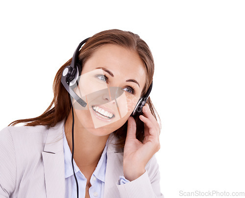 Image of Woman, callcenter and headset for phone call with communication, telecom and CRM on white background. Customer service, telemarketing and help desk agent in studio with contact us and tech support