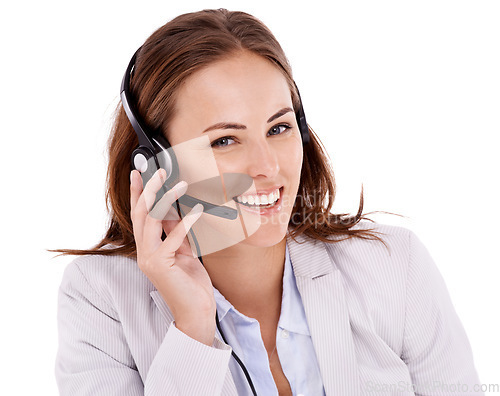 Image of Woman in portrait, callcenter and headset for phone call with communication, telecom and CRM on white background. Customer service, telemarketing and help desk agent in studio for tech support