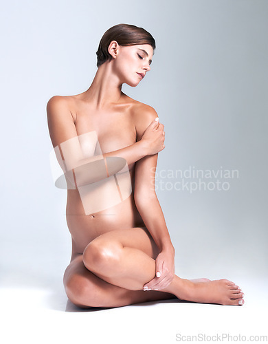 Image of Woman, pregnancy and face or naked in studio with thinking, dreaming or healthy body with stomach. Pregnant, person and thoughtful with mock up space for ideas and maternity on white background