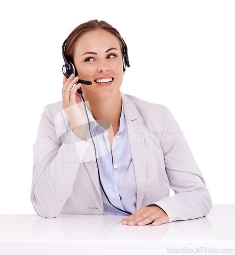 Image of Woman, callcenter and headset with mic for phone call with communication, contact us and CRM on white background. Customer service, telemarketing and help desk agent in studio with smile and chat