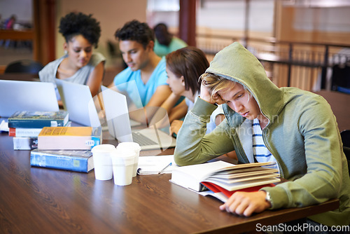 Image of Classroom, students and high school group with studying, people and books for development at academy. Teenager friends, reading and learning with thinking, scholarship and education for assessment