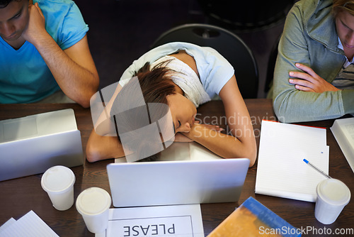 Image of Classroom, students and high school girl for sleeping, laptop and tired with books, development or academy. Teenager, burnout and rest for learning, fatigue or scholarship with education assessment