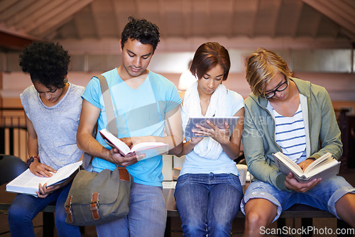 Image of Library, students and high school group with studying, people and books for development at academy. Teenager friends, reading and learning with thinking, scholarship and education for assessment