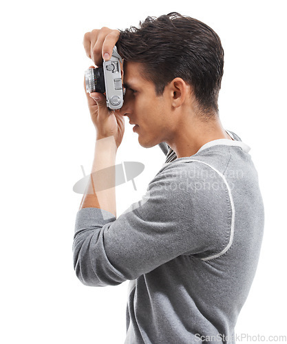 Image of Photographer, man and profile with digital camera in studio for photoshoot, creative production and content creation on white background. Journalist, cameraman and photography for paparazzi magazine