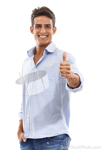 Image of Happy man, thumbs up and success in studio for achievement, support and like emoji or yes hands. Portrait of creative person or model with good feedback and vote or okay emoji on a white background