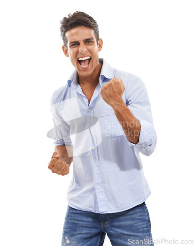 Image of Business man, winner and yes in studio for success, power or achievement with startup career celebration. Excited person in portrait with fist, wow and winning, goals or news on a white background