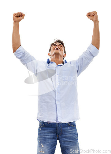 Image of Professional man, winner and yes for success, celebration or achievement with startup, bonus or news in studio. Excited worker or business person with fist and winning or goals on a white background