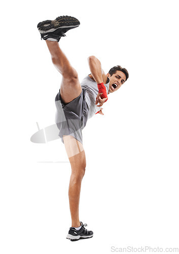 Image of Boxer, man and kick in studio with sports for fitness, health and martial arts isolated on white background. Strong athlete legs with muscle, action and kickboxing with MMA training and exercise