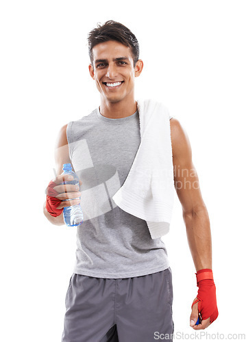 Image of Man, martial arts and bottle in studio portrait for fitness, health and contact sport by white background. Person, athlete and smile on face with water, pride and exercise for mma, fight and conflict