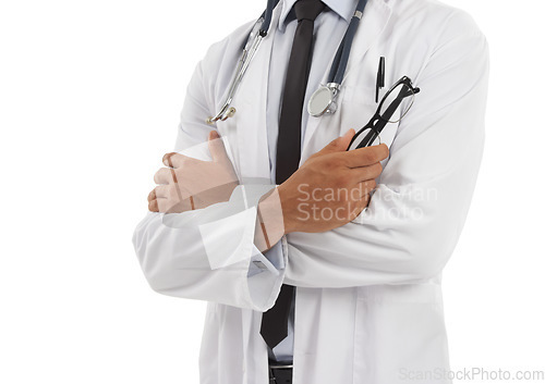 Image of Doctor, man and hands for career in studio, confidence and expert in healthcare or medicare. Male professional, medical consultant and insurance by white background, physician and trust in medicine