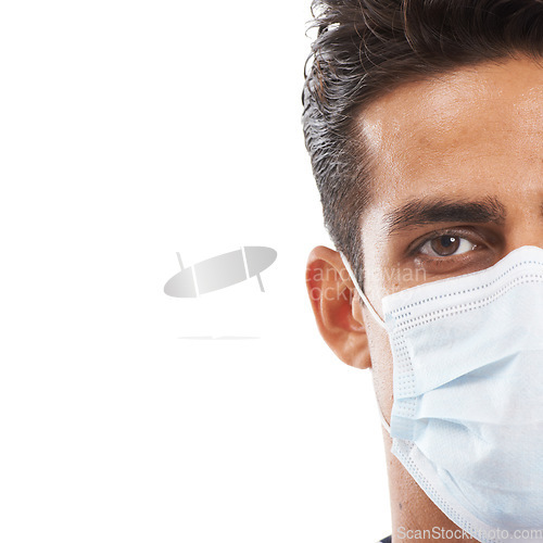 Image of Man, facemask and portrait in studio, safety and prevention of disease and infection by white background. Male person, half face and protection in pandemic, healthcare and quarantine by mockup