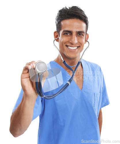 Image of Doctor, stethoscope and man portrait in studio, healthcare and evaluation or cardiovascular examination. Male person, medical professional and listening to heartbeat, equipment and white background