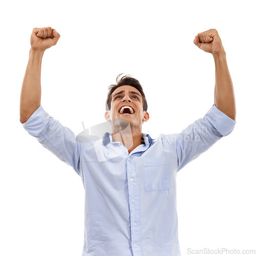Image of Professional man, winning and yes for success, celebration or achievement with startup, bonus or news in studio. Excited worker or business person with fist, power and goals on a white background