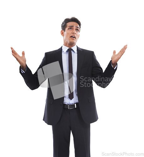 Image of Business man, thinking and doubt in studio, professional and contemplating choice or decision. Male person, employee and brainstorming or question by white background, unsure and confused or why