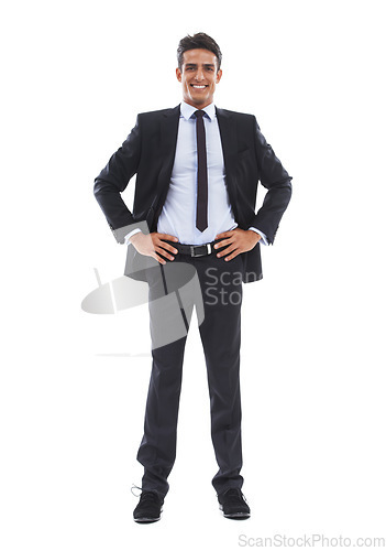 Image of Businessman, portrait and happy in studio for corporate, business formal and confident for career work. Entrepreneur, person and face with smile, confidence and pride for startup on white background