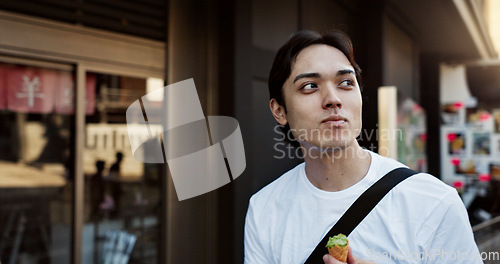 Image of Walking, travel and Japanese man with ice cream in city on vacation, holiday and adventure in Yokohama town. Summer, weekend trip and person with dessert, sweet snack and cone for tourism destination