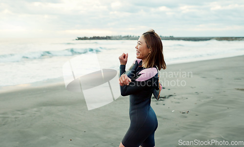 Image of Surfer, beach and woman with stretching, exercise and vacation with getaway trip, workout and training. Person, Japan and girl with ocean, waves and fitness with warm up, muscle and wellness