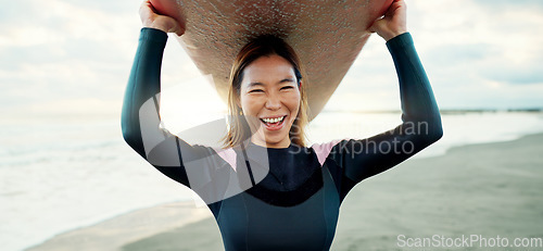 Image of Happy, portrait and woman with surfing board at beach, sea and ocean on summer holiday, travel adventure and fun. Japanese surfer excited for water sports, freedom and hobby on tropical vacation