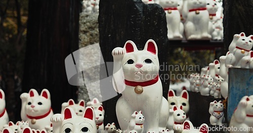 Image of Lucky cat, figure and Shinto temple with shrine, culture or forest for wish, faith or zen in environment. Animal, toys and peace with religion, worship or Buddhism with icon, symbol or wave in Japan