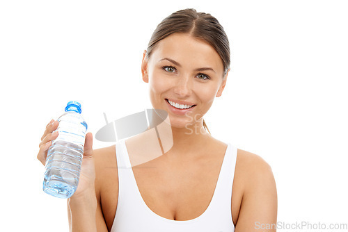 Image of Portrait, fitness woman and water bottle in studio for sports break, energy and detox on white background. Happy athlete with liquid drink for hydration, nutrition and healthy recovery for exercise