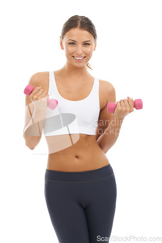 Image of Happy woman, dumbbells and portrait in studio for power, training or sports workout on white background. Strong model, weights and fitness performance, action or exercise of biceps, muscles or health