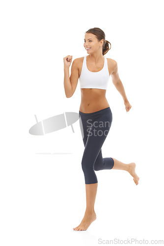 Image of Woman, smile and running exercise in studio for cardio fitness or training athlete for lose weight, mockup or white background. Female person, jog and sports workout for healthy body, gym or wellness