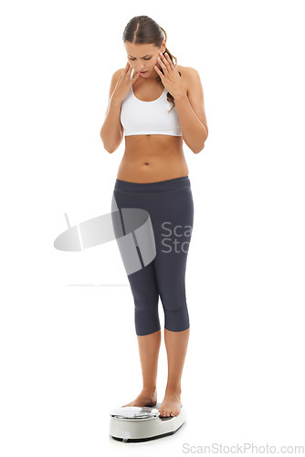 Image of Scale, problem and woman shocked with weight loss fail, bad exercise results and unhappy about workout progress. Studio, crisis and model check machine for mass, BMI or diet on white background