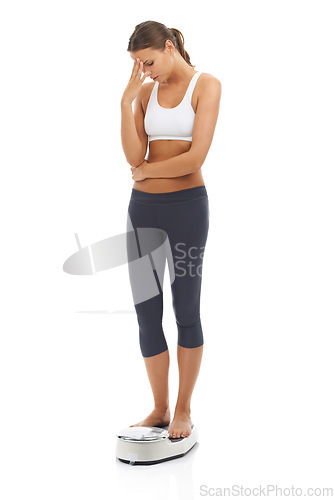 Image of Scale, problem and woman disappointed in weight loss fail, negative exercise results and upset about bad fitness progress. Studio, crisis and person unhappy over mass, BMI or diet on white background