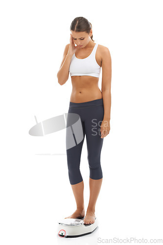 Image of Scale, weight loss and unhappy woman check diet fail, negative training results or bad exercise progress. Studio, sad or model with mass gain risk, BMI problem or fitness disaster on white background