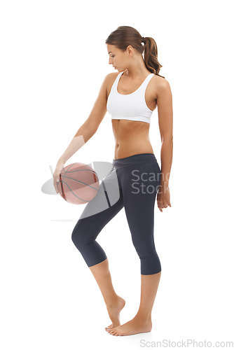 Image of Woman, basketball and sport exercise in studio for workout performance, athlete or white background. Female person, fitness and competition or mockup space for game goal for cardio, health or play