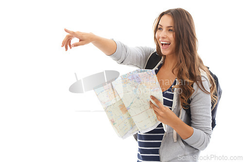 Image of Map, adventure and woman reading in studio for hiking exploring, weekend trip or vacation. Travel, discover and female person with paper directions for tourism and navigation by white background.