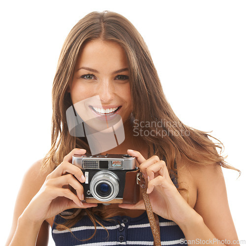 Image of Camera, photography and portrait of woman in studio working for photoshoot with creativity. Career, art and female photographer with media project for startup production business by white background.