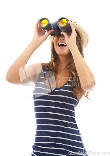 Image of Smile, travel and woman with binoculars to spy on vacation, holiday or adventure. Vision, glass and person with telescope, search to watch and excited on journey isolated on a white studio background