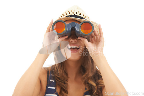 Image of Portrait, travel and woman with binoculars to watch on vacation, holiday or adventure. Vision, glass and person in hat with telescope, search to spy and excited isolated on a white studio background