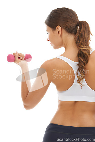 Image of Fitness, gym and woman in studio with dumbbell for workout, muscle training and body building. Exercise, power and commitment to improvement, strong girl weight lifting on white background from back.