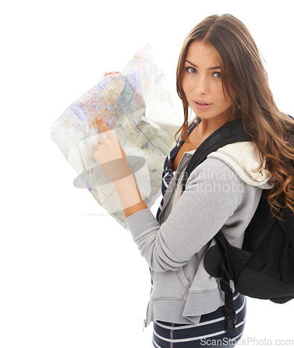 Image of Map, portrait and woman reading in studio for hiking adventure, weekend trip or vacation. Travel, discover and young female person with paper directions for tourism and navigation by white background