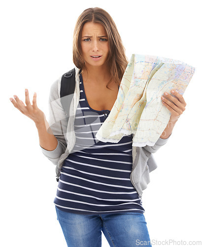 Image of Map, confused and portrait of woman in studio for hiking adventure, weekend trip or vacation. Travel, discover and lost person with paper directions for tourism and navigation by white background.