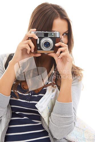 Image of Photography, camera and young woman in studio working on photoshoot with creativity. Career, art and female photographer student with media project for startup production business on white background