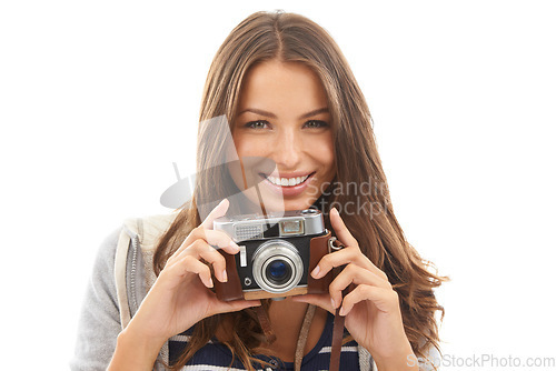 Image of Camera, creative and portrait of photographer in studio working for photoshoot with photography. Career, art and female student with media project for startup production business by white background.