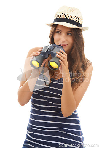 Image of Happy, travel and woman with binoculars to watch on vacation, holiday or adventure. Vision, glass and person with telescope, search to spy and smile on journey isolated on a white studio background