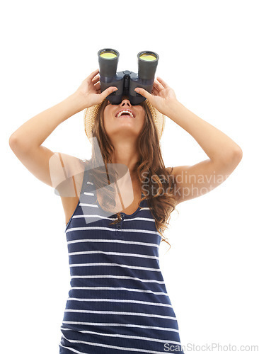 Image of Happy, travel and woman looking up with binoculars to watch on vacation, holiday or adventure. Vision, glass and person with telescope, search to spy and excited isolated on a white studio background