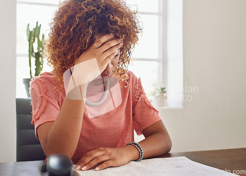 Image of Headache, paperwork or secretary in office for administration, documents report or project deadline. Migraine pain, stress or frustrated woman at desk reading research, agenda or human resources info