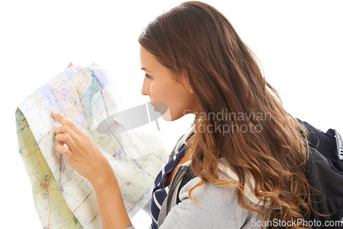 Image of Map, explore and woman reading in studio for hiking adventure, weekend trip or vacation. Travel, discover and young female person with paper directions for tourism and navigation by white background.