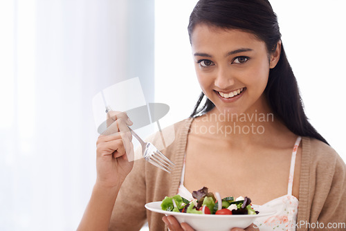 Image of Happy woman, portrait and salad bowl for diet, nutrition or health with natural snack at home. Face of female person smile for mixed vegetables, vitamins or eating meal in weight loss or breakfast