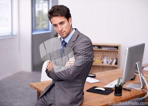 Image of Professional businessman thinking at desk with arms crossed, ideas and career in legal inspection at law firm. Attorney, lawyer or business man in office with reflection, contemplation or inspiration